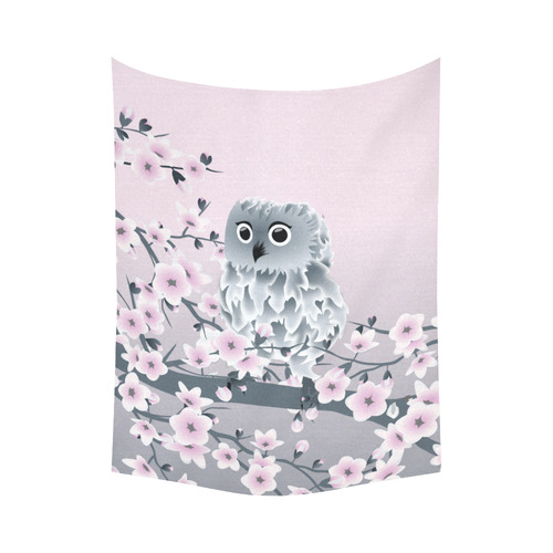 Cute Owl and Cherry Blossoms Pink Gray Cotton Linen Wall Tapestry 60"x 80"