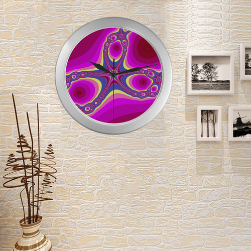 Fractal in pink Silver Color Wall Clock