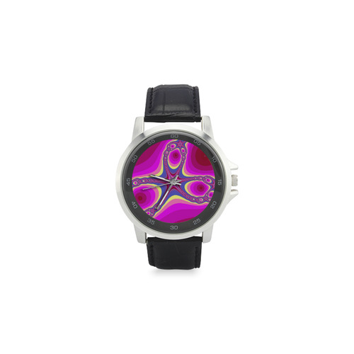 Fractal in pink Unisex Stainless Steel Leather Strap Watch(Model 202)