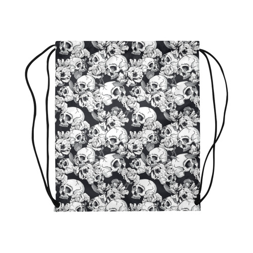 skull pattern, black and white Large Drawstring Bag Model 1604 (Twin Sides)  16.5"(W) * 19.3"(H)