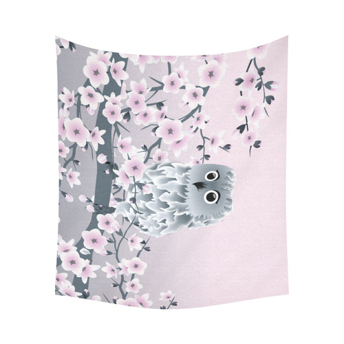 Cute Owl and Cherry Blossoms Pink Gray Cotton Linen Wall Tapestry 60"x 51"
