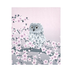 Cute Owl and Cherry Blossoms Pink Gray Cotton Linen Wall Tapestry 51"x 60"