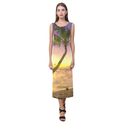 Painting tropical sunset beach with palms Phaedra Sleeveless Open Fork Long Dress (Model D08)