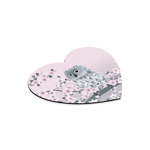Cute Owl and Cherry Blossoms Pink Gray Heart-shaped Mousepad