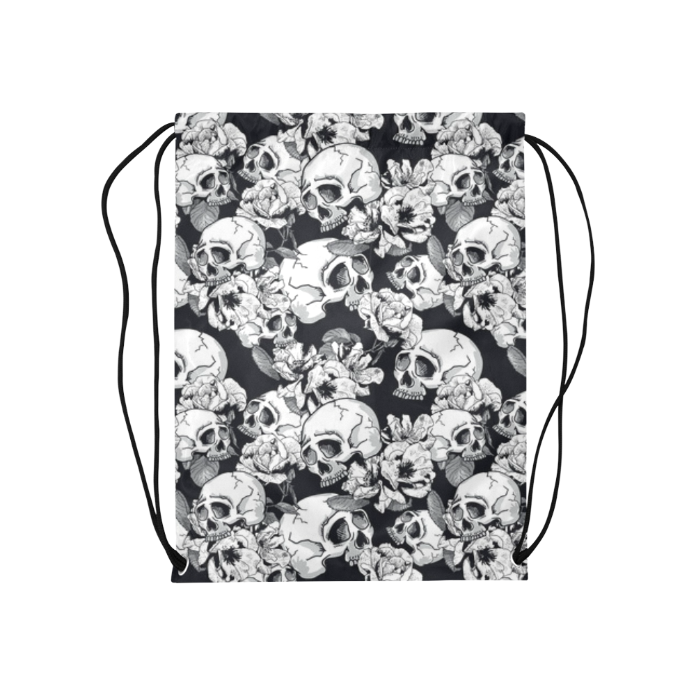 skull pattern, black and white Medium Drawstring Bag Model 1604 (Twin Sides) 13.8"(W) * 18.1"(H)