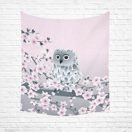 Cute Owl and Cherry Blossoms Pink Gray Cotton Linen Wall Tapestry 51"x 60"