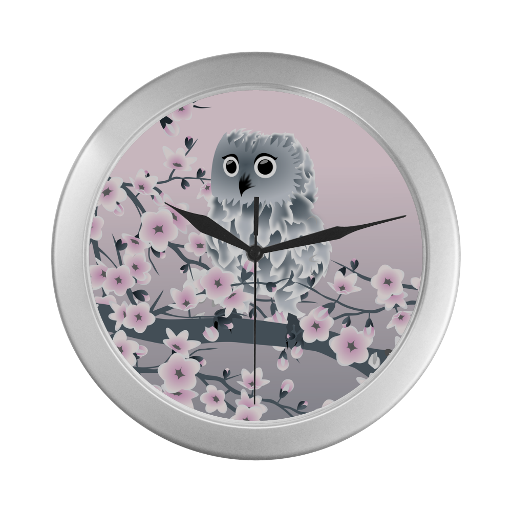 Cute Owl and Cherry Blossoms Pink Gray Silver Color Wall Clock
