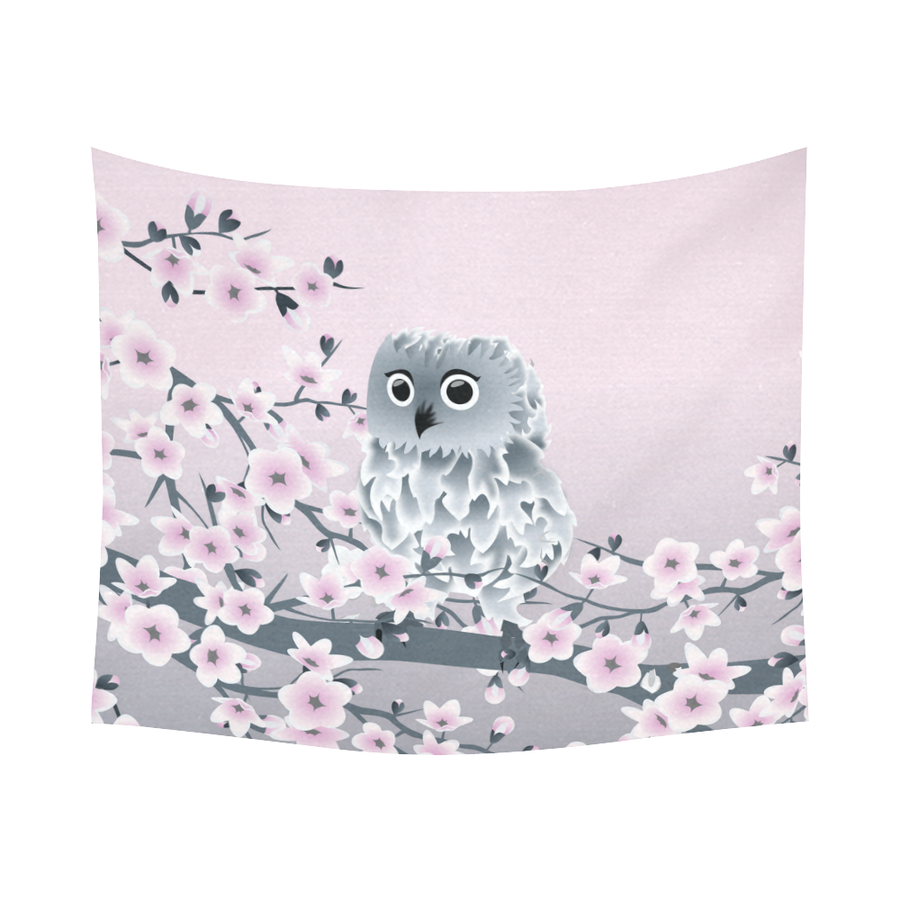 Cute Owl and Cherry Blossoms Pink Gray Cotton Linen Wall Tapestry 60"x 51"