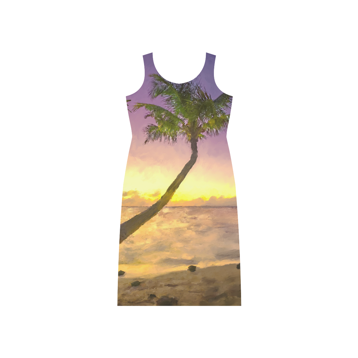 Painting tropical sunset beach with palms Phaedra Sleeveless Open Fork Long Dress (Model D08)