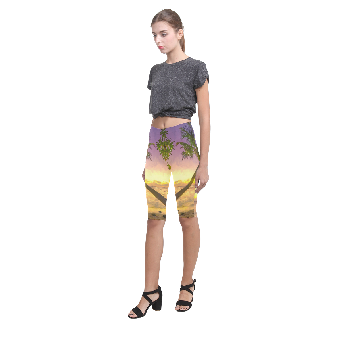 Painting tropical sunset beach with palms Hestia Cropped Leggings (Model L03)