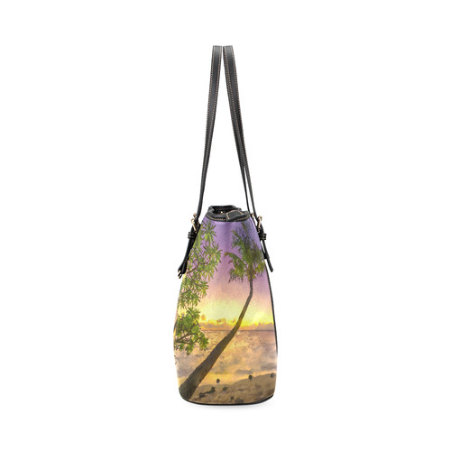 Painting tropical sunset beach with palms Leather Tote Bag/Large (Model 1640)