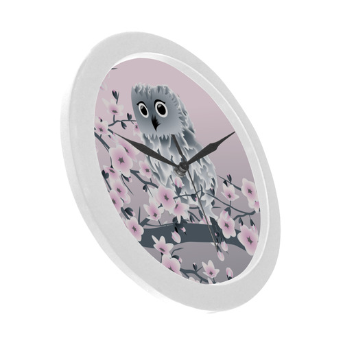 Cute Owl and Cherry Blossoms Pink Gray Circular Plastic Wall clock