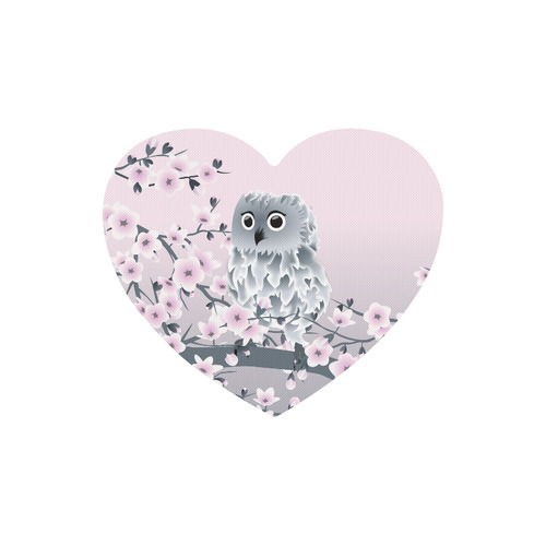 Cute Owl and Cherry Blossoms Pink Gray Heart-shaped Mousepad