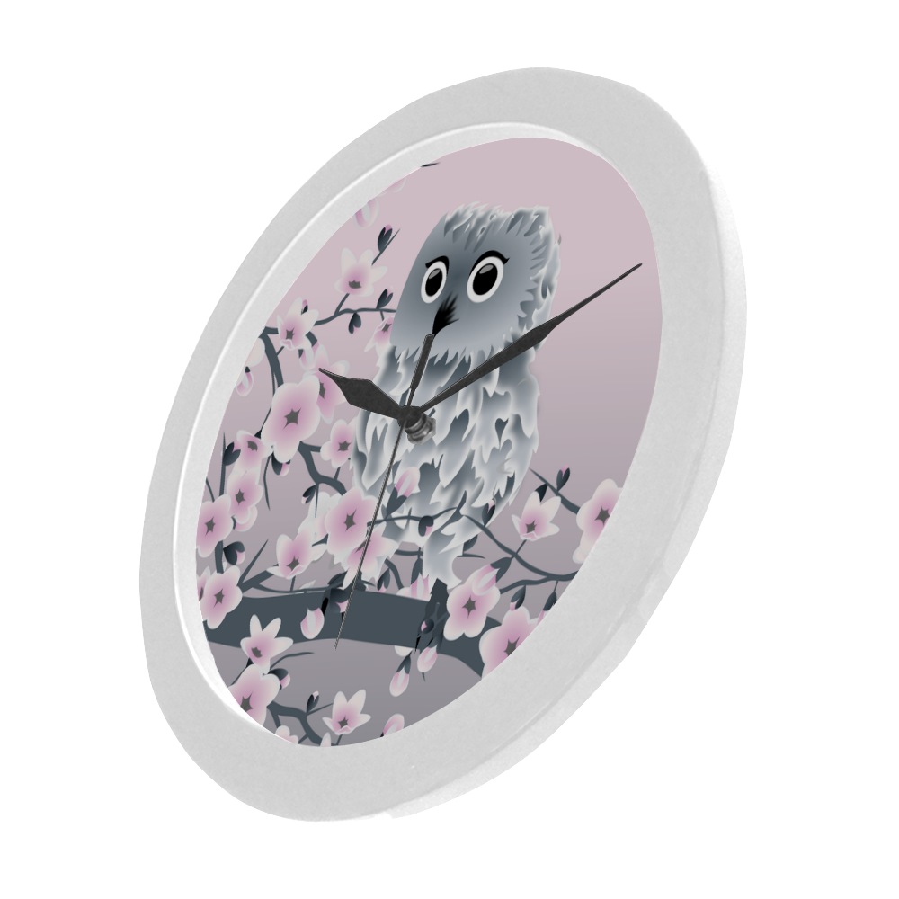 Cute Owl and Cherry Blossoms Pink Gray Circular Plastic Wall clock