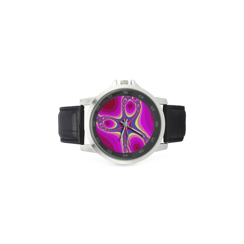 Fractal in pink Unisex Stainless Steel Leather Strap Watch(Model 202)