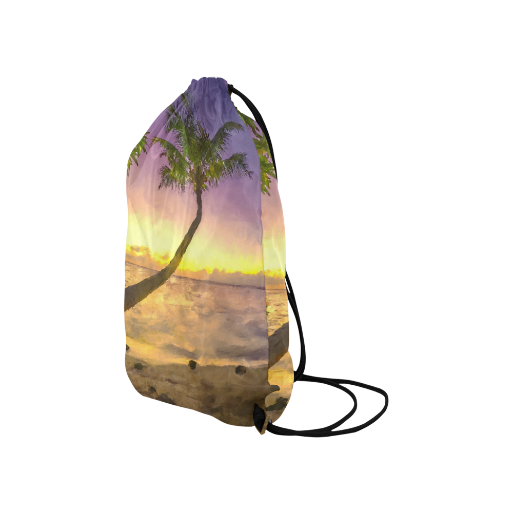 Painting tropical sunset beach with palms Small Drawstring Bag Model 1604 (Twin Sides) 11"(W) * 17.7"(H)