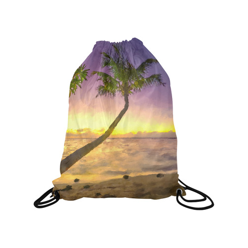 Painting tropical sunset beach with palms Medium Drawstring Bag Model 1604 (Twin Sides) 13.8"(W) * 18.1"(H)