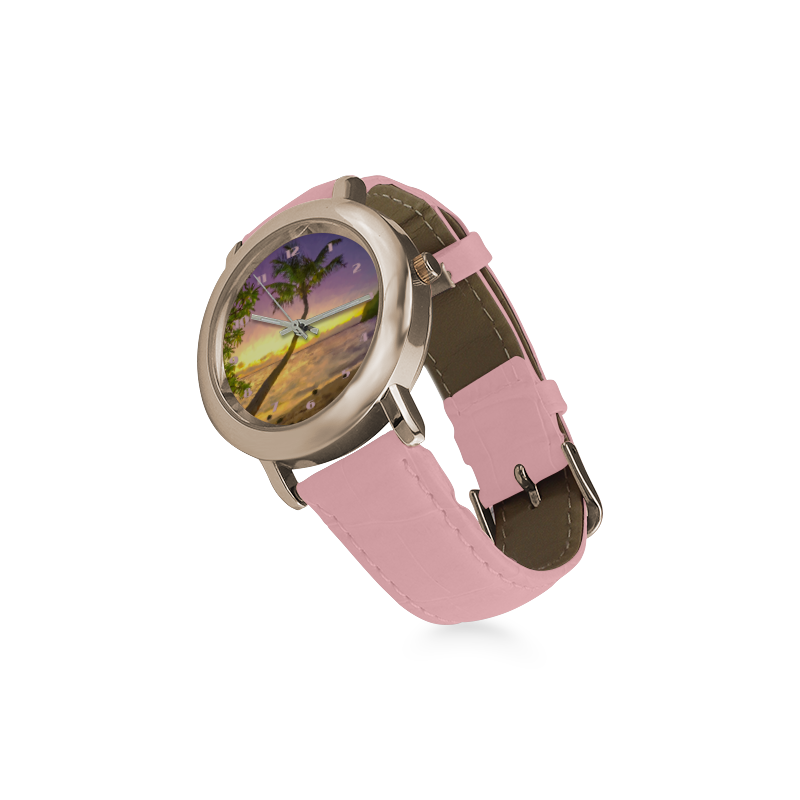 Tropical sunset beach with palms Women's Rose Gold Leather Strap Watch(Model 201)