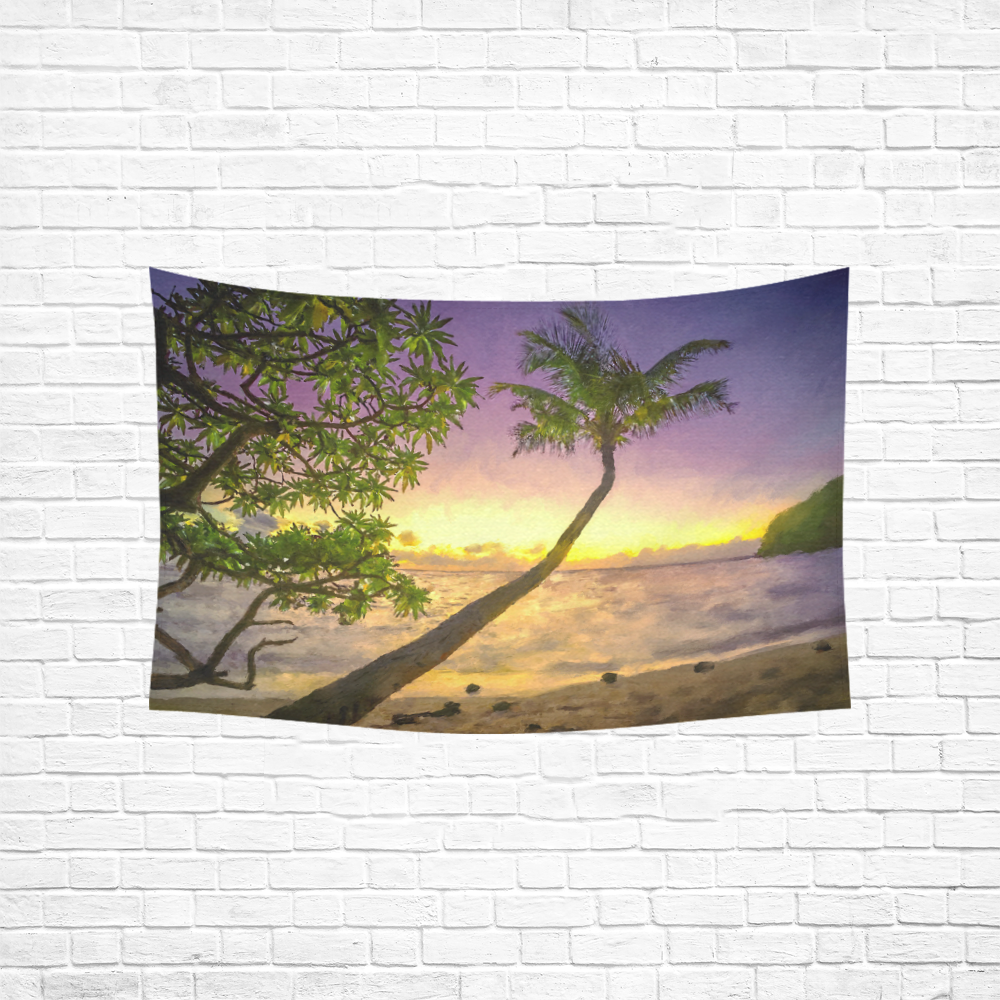 Painting tropical sunset beach with palms Cotton Linen Wall Tapestry 60"x 40"