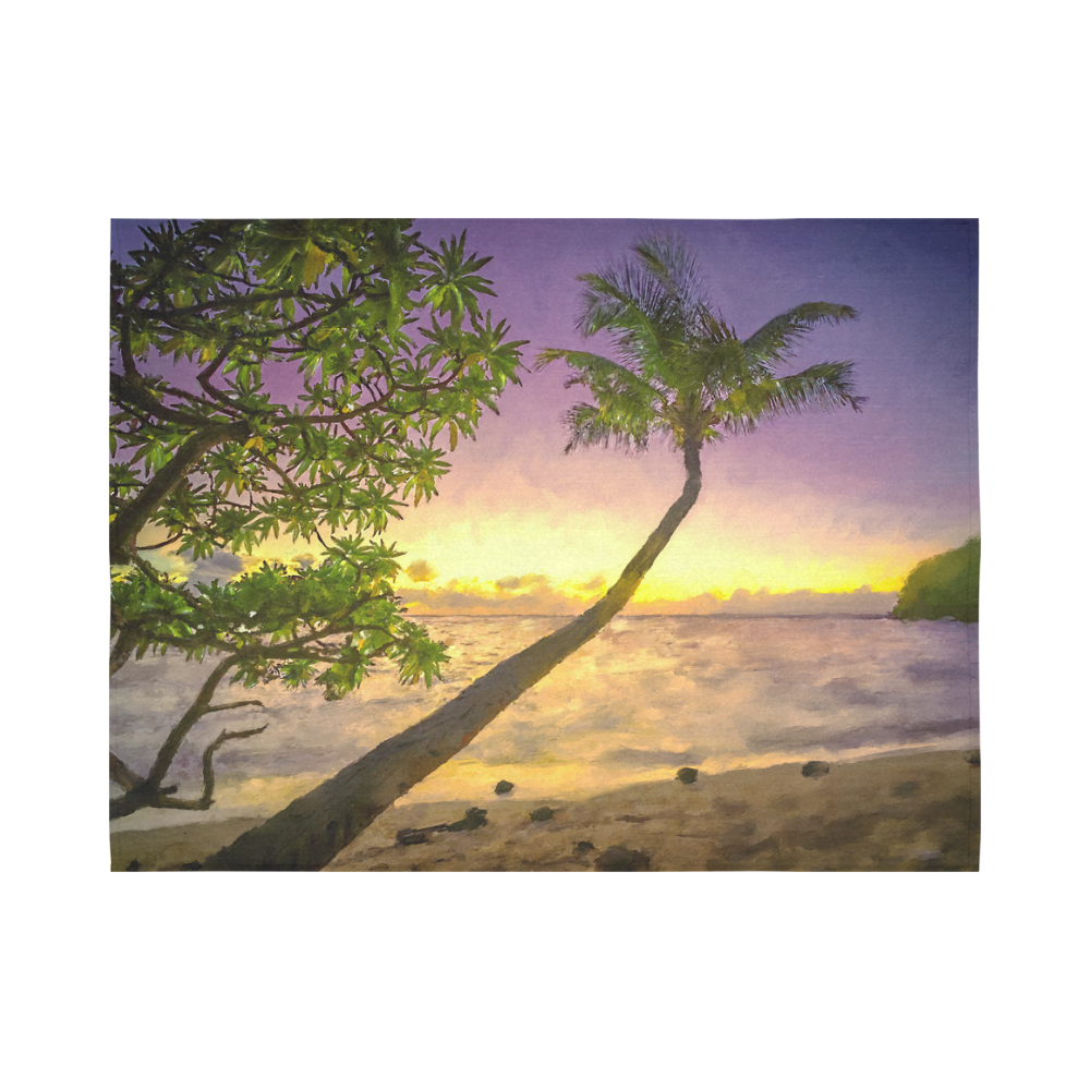 Painting tropical sunset beach with palms Cotton Linen Wall Tapestry 80"x 60"