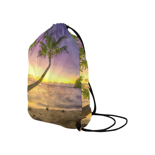 Painting tropical sunset beach with palms Large Drawstring Bag Model 1604 (Twin Sides)  16.5"(W) * 19.3"(H)