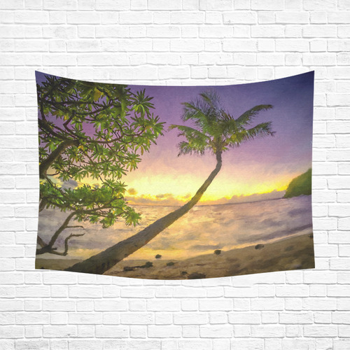 Painting tropical sunset beach with palms Cotton Linen Wall Tapestry 80"x 60"