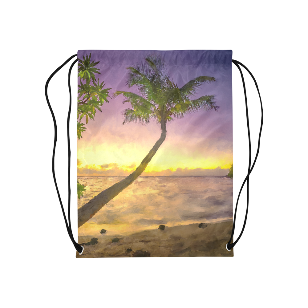 Painting tropical sunset beach with palms Medium Drawstring Bag Model 1604 (Twin Sides) 13.8"(W) * 18.1"(H)