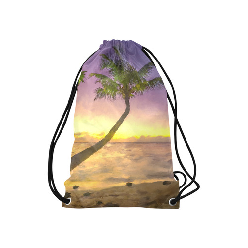 Painting tropical sunset beach with palms Small Drawstring Bag Model 1604 (Twin Sides) 11"(W) * 17.7"(H)
