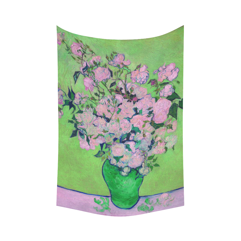 Van Gogh Pink Roses in Vase Cotton Linen Wall Tapestry 60"x 90"