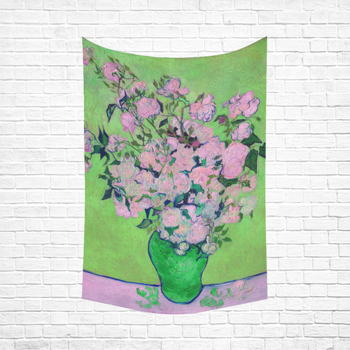 Van Gogh Pink Roses in Vase Cotton Linen Wall Tapestry 60"x 90"