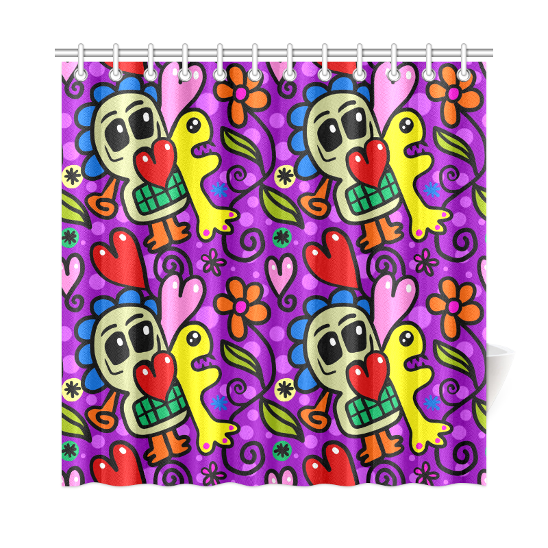 Valentine Hearts Skulls Flowers Pop Art Shower Curtain 72"x72"