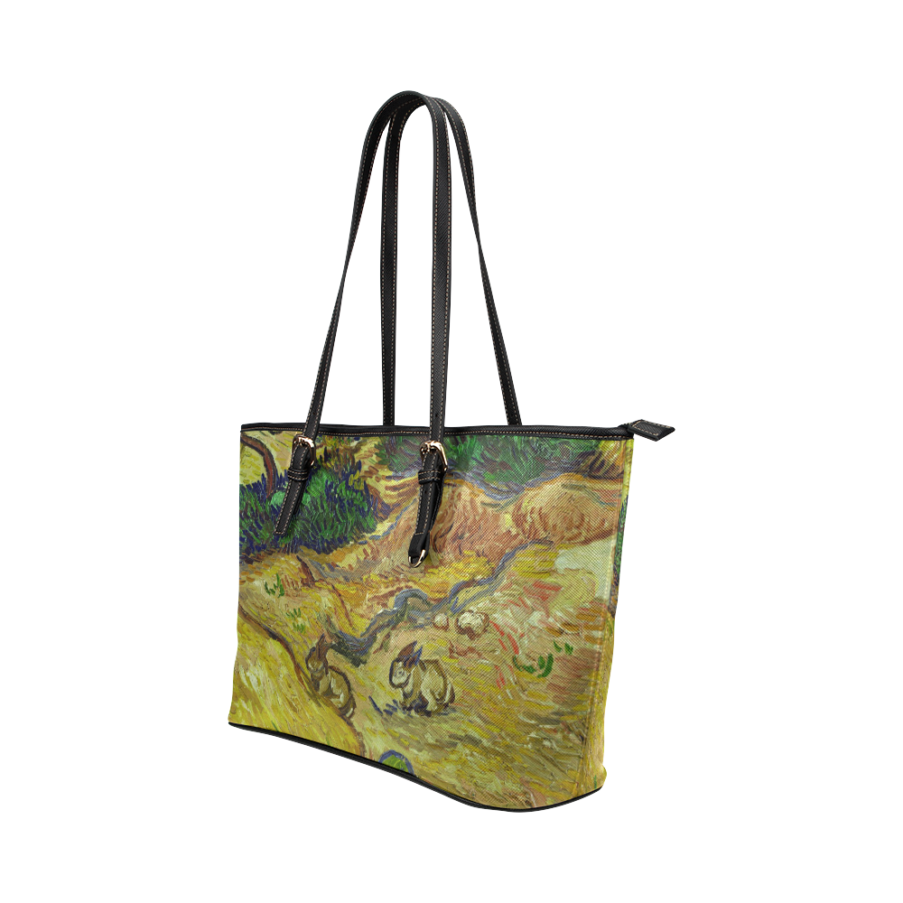 Vincent van Gogh Landscape with Rabbits Leather Tote Bag/Large (Model 1651)