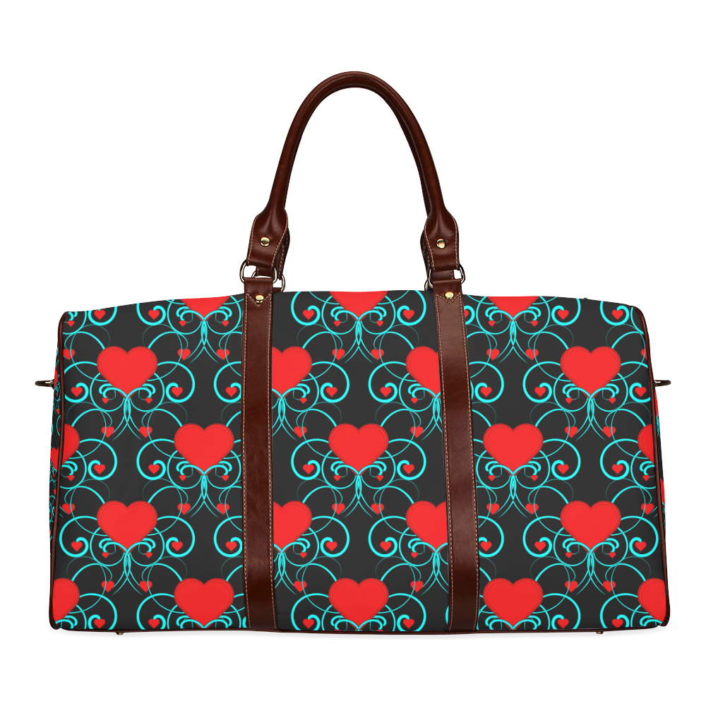 Aqua Flourish Swirls and Hearts Pattern Waterproof Travel Bag/Large (Model 1639)