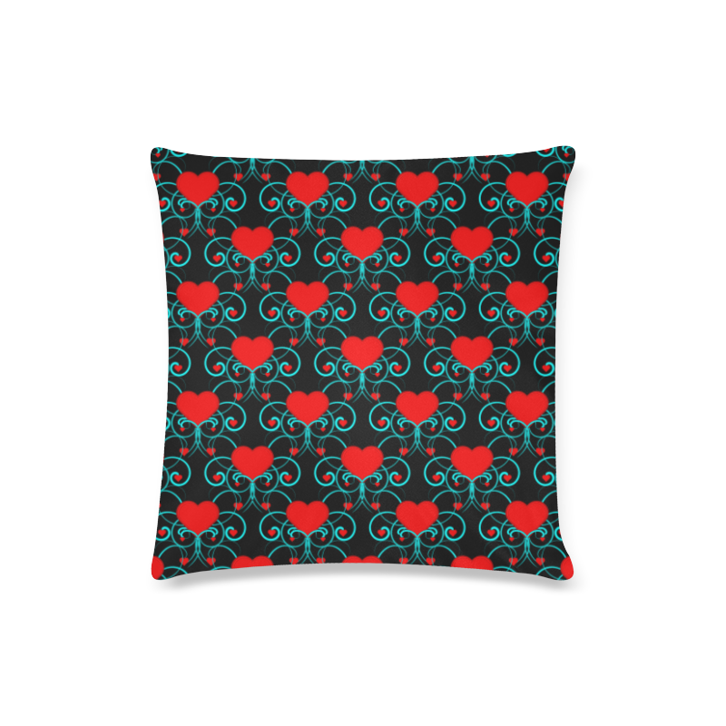 Hearts and Aqua Flourish Pattern Custom Zippered Pillow Case 16"x16"(Twin Sides)