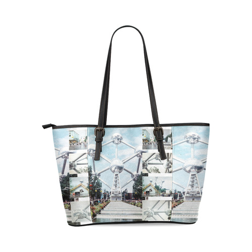 Vintage Brussels Atomium Collage Leather Tote Bag/Small (Model 1640)