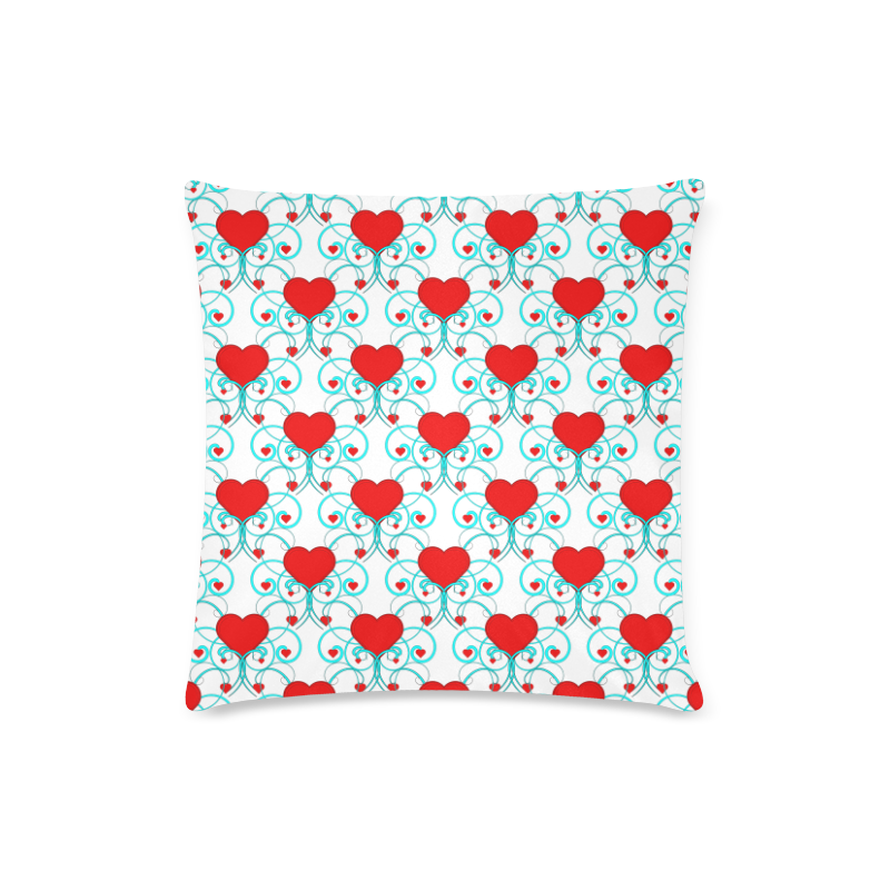 Hearts and Aqua Flourish Pattern Custom Zippered Pillow Case 16"x16" (one side)
