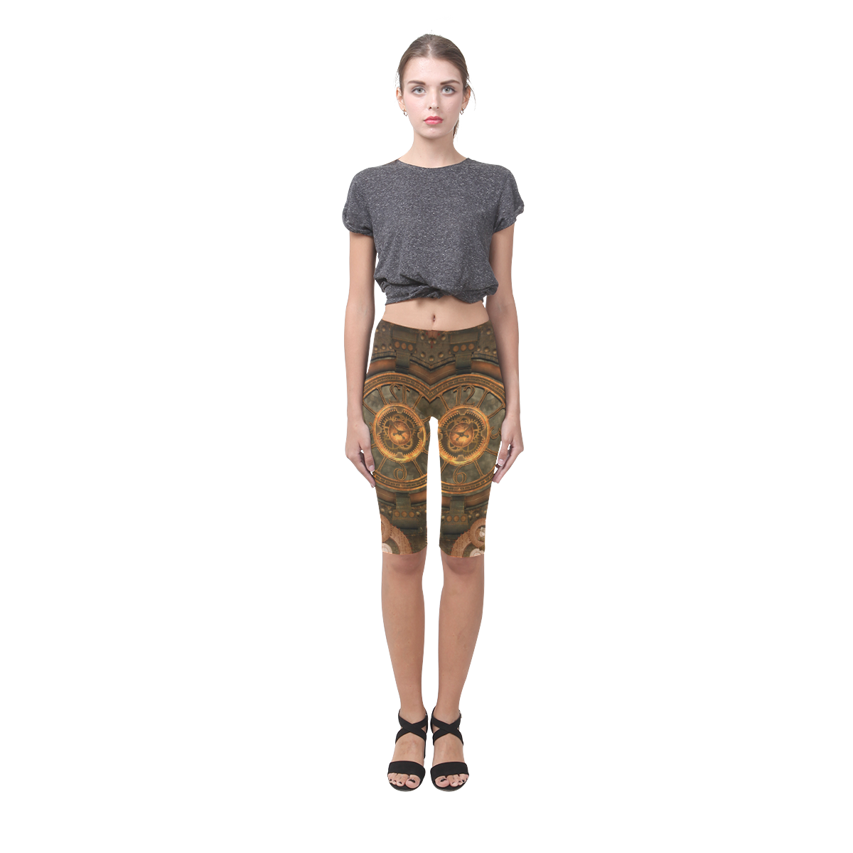 Steampunk, wonderful vintage clocks and gears Hestia Cropped Leggings (Model L03)