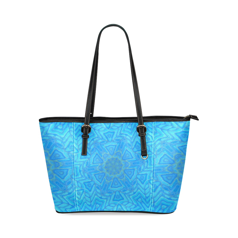 Blue Green and Turquoise Ice Flower Leather Tote Bag/Small (Model 1640)
