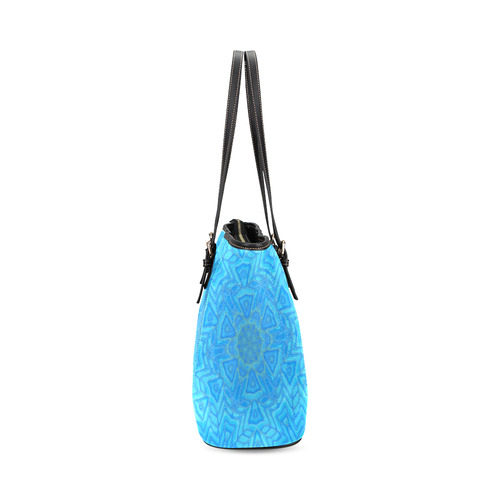 Blue Green and Turquoise Ice Flower Leather Tote Bag/Large (Model 1640)