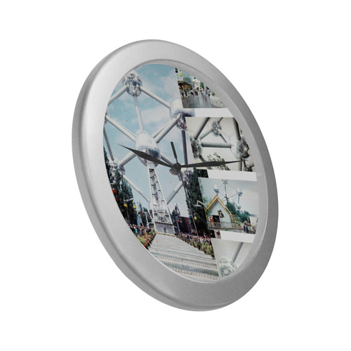 Vintage Brussels Atomium Collage Silver Color Wall Clock