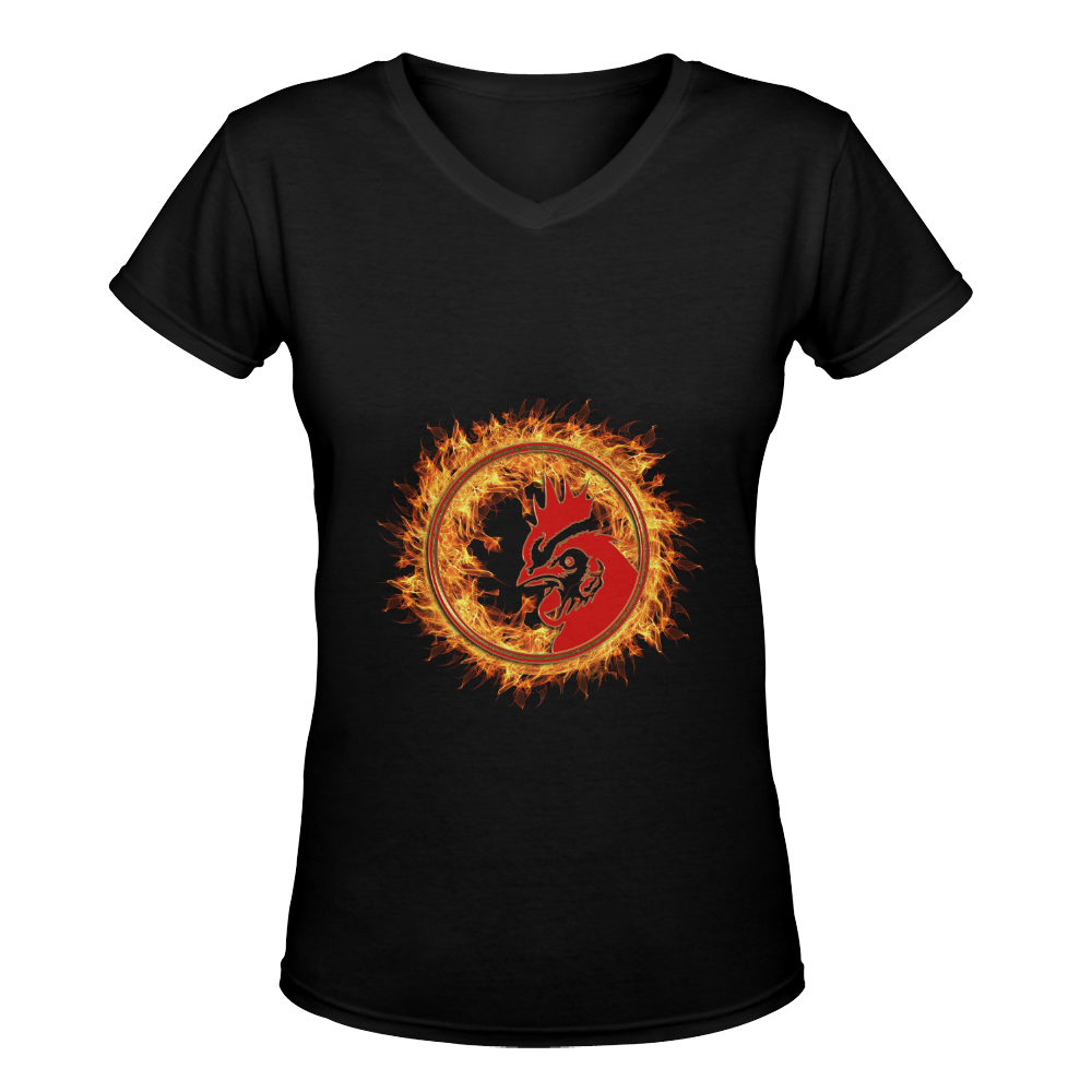 Gold Red Fire Rooster Button Women's Deep V-neck T-shirt (Model T19)