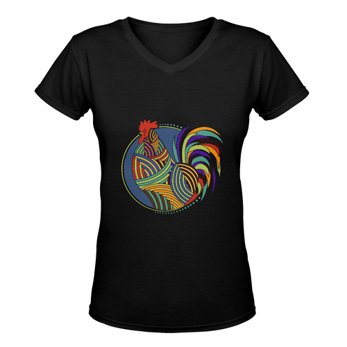 Geometric Art Colorful Rooster Button Women's Deep V-neck T-shirt (Model T19)