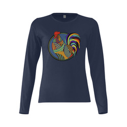 Geometric Art Colorful Rooster Button Sunny Women's T-shirt (long-sleeve) (Model T07)