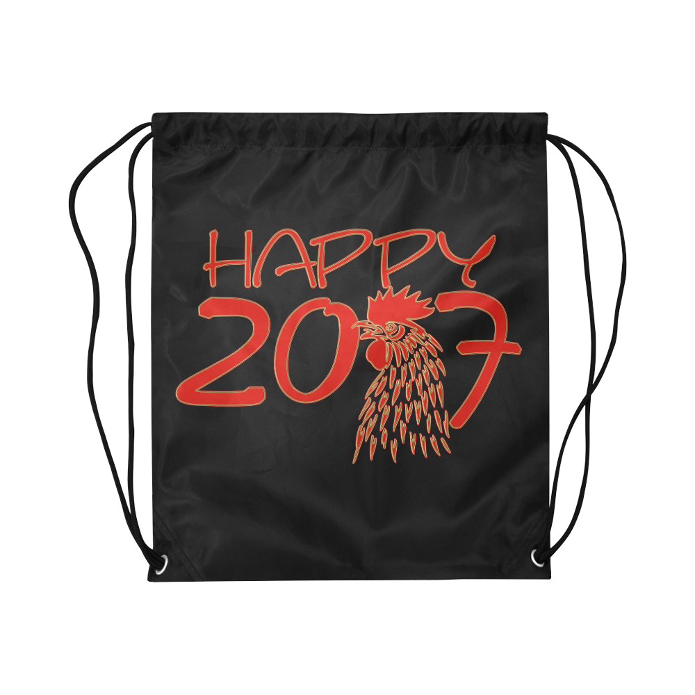 Happy 2017 Rooster Red Gold Large Drawstring Bag Model 1604 (Twin Sides)  16.5"(W) * 19.3"(H)