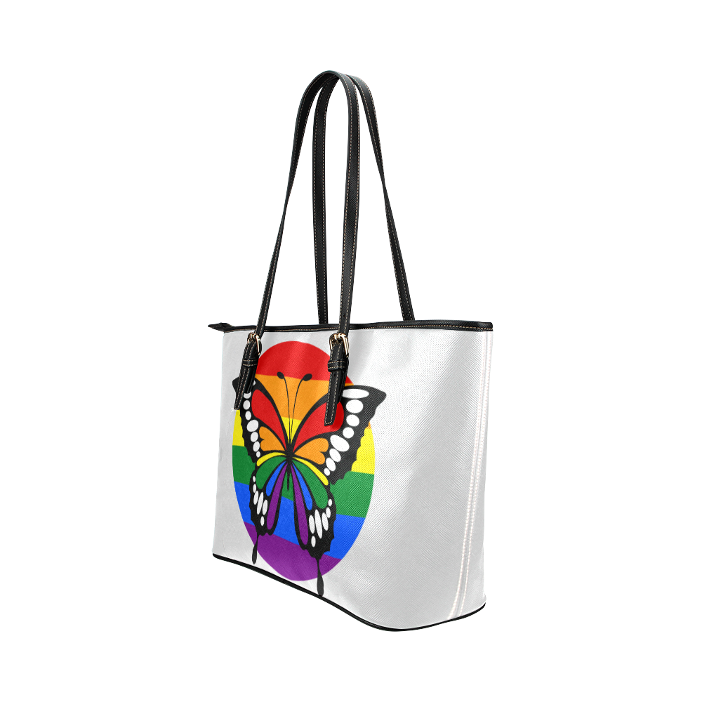 Dot Rainbow Flag Stripes Butterfly Silhouette Leather Tote Bag/Large (Model 1651)