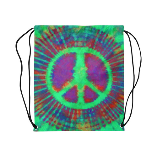 Psychedelic Tie Dye Green Peace Sign Large Drawstring Bag Model 1604 (Twin Sides)  16.5"(W) * 19.3"(H)