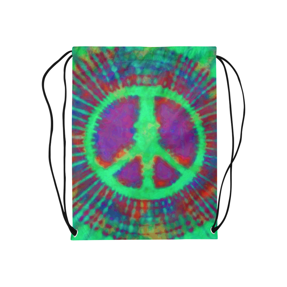 Psychedelic Tie Dye Green Peace Sign Medium Drawstring Bag Model 1604 (Twin Sides) 13.8"(W) * 18.1"(H)