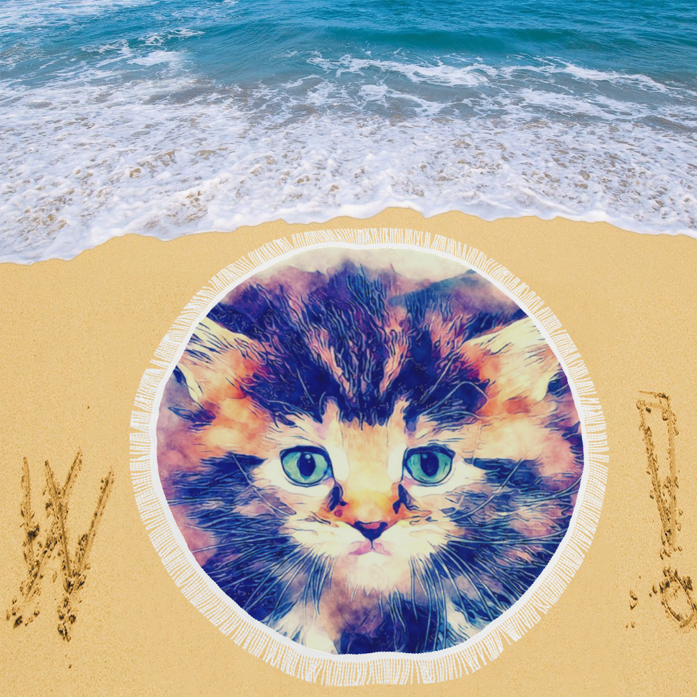 watercolor cat Circular Beach Shawl 59"x 59"
