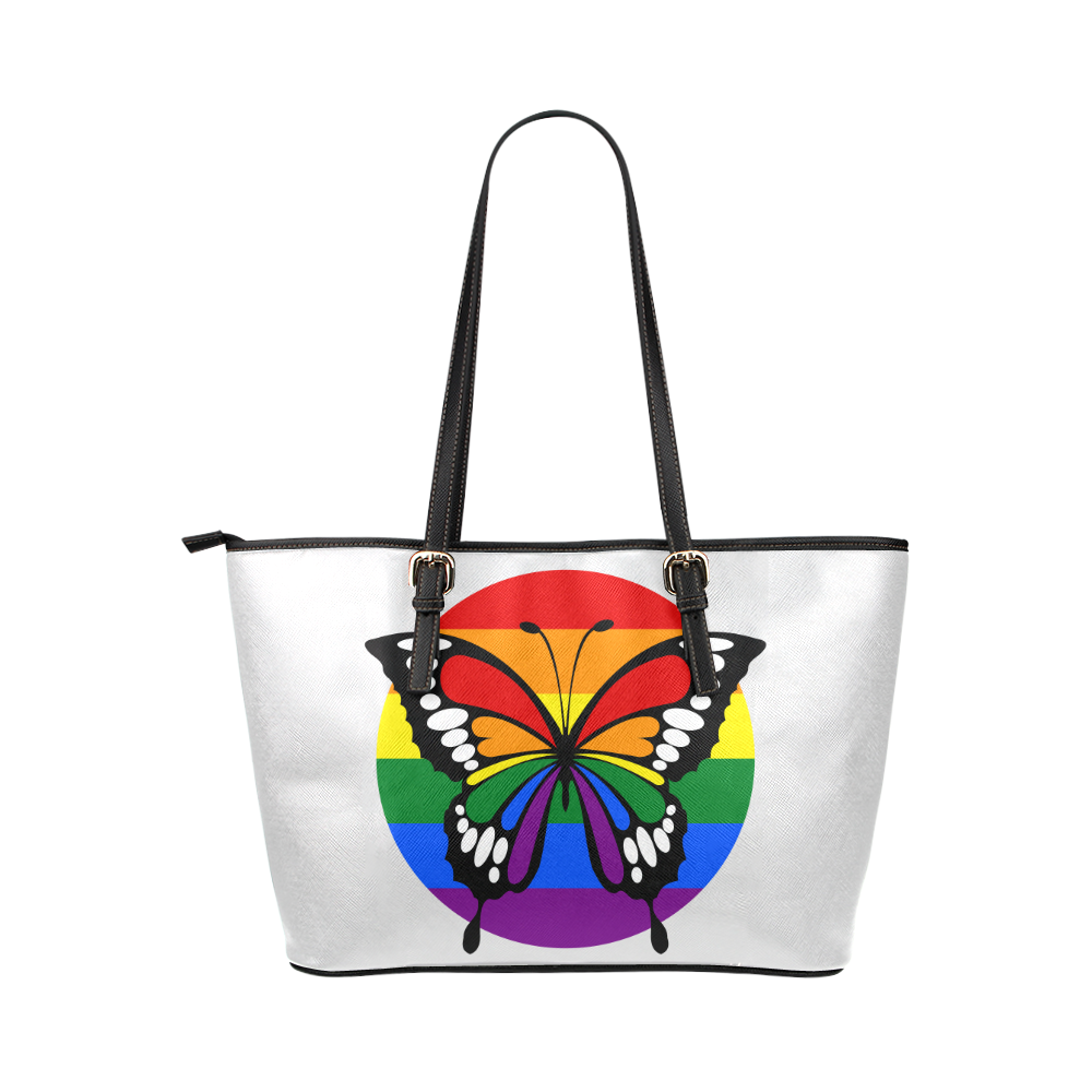 Dot Rainbow Flag Stripes Butterfly Silhouette Leather Tote Bag/Large (Model 1651)