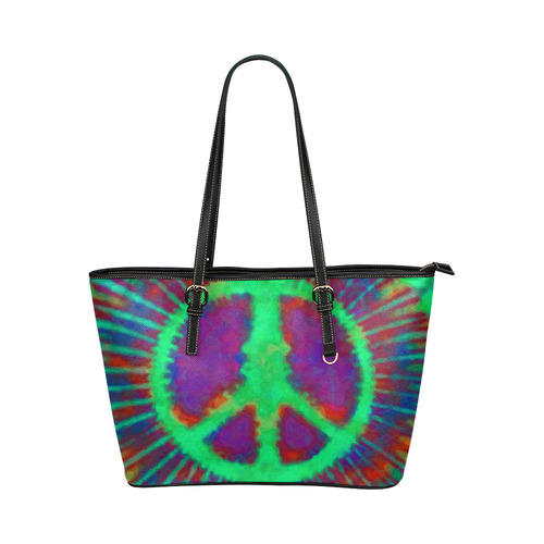 Psychedelic Tie Dye Green Peace Sign Leather Tote Bag/Small (Model 1651)